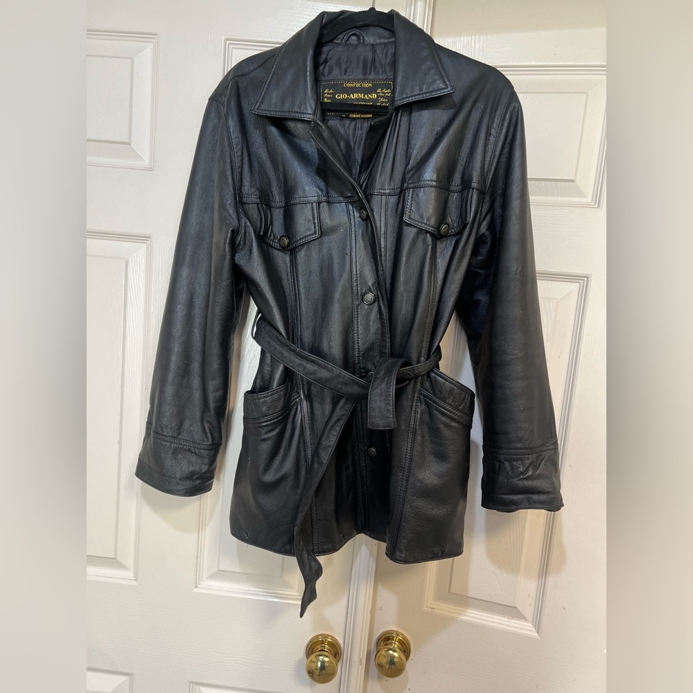 VNTG GioArmand Confection Women’s Medium Black Leather Belted Jacket‎ Coat Lined